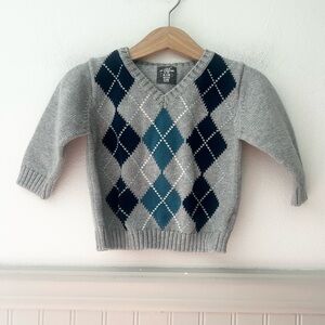 H&M Baby 6-9 Months Gray and Blue Argyle V-Neck Sweater